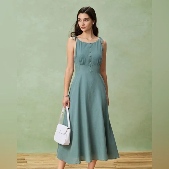 Rihoas Green Boat Neck Backless Slip Midi Dress - Picture 3 of 12
